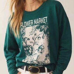 By Anthropologie Flower Market Graphic Teal Crew Neck Sweater Size M